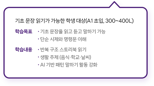 기초 문장 읽기가 가능한 학생 대상(A1 초입, 300~400L)