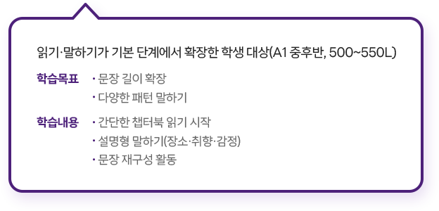 기본 단계 읽기·말하기가 가능한 학생 대상(A1 중반, 450~500L)
