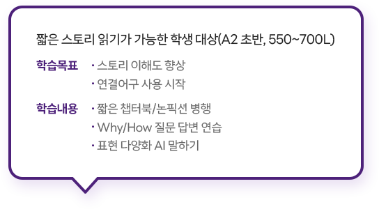짧은 스토리 읽기가 가능한 학생 대상(A2 초반, 550~700L)