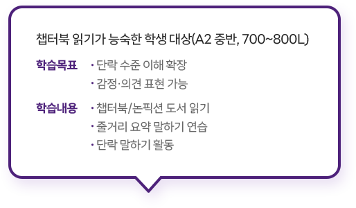 챕터북 읽기가 능숙한 학생 대상(A2 중반, 700~800L)